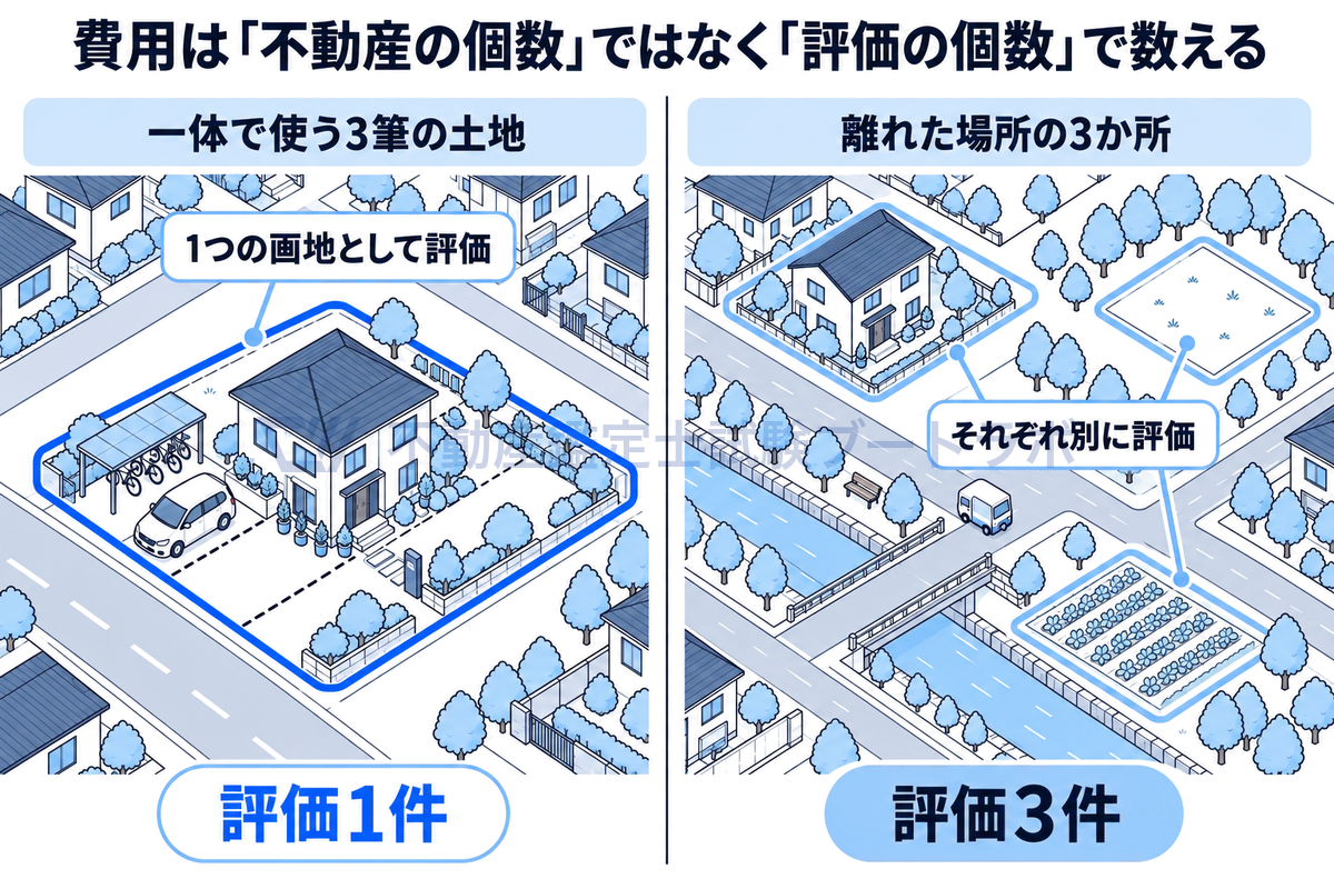 鑑定費用の数え方を示す図。左は一体で使われる3筆の土地を1つの画地として評価する場面で評価1件、右は離れた3か所の土地をそれぞれ評価する場面で評価3件。費用は不動産の個数ではなく評価の個数で決まる。