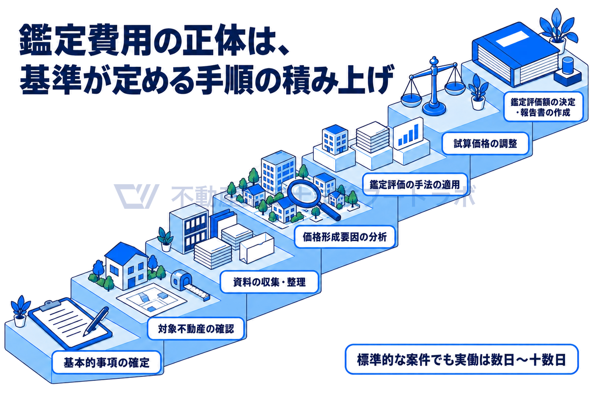 éå®è²»çšã®äžèº«ã瀺ãå³ãåºæ¬çäºé
ã®ç¢ºå®ã察象äžåç£ã®ç¢ºèªãè³æã®åéã»æŽçãäŸ¡æ Œåœ¢æèŠå ã®åæãææ³ã®é©çšã詊ç®äŸ¡æ Œã®èª¿æŽãéå®è©äŸ¡é¡ã®æ±ºå®ãšå ±åæžäœæã®7段ãéæ®µç¶ã«ç©ã¿äžããæšæºçãªæ¡ä»¶ã§ãå®åã¯æ°æ¥ããåæ°æ¥ã«ãªãããšã衚ãã