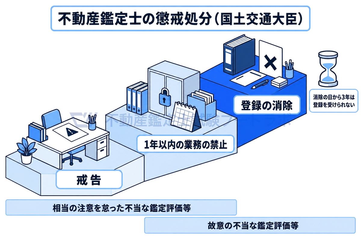 不動産鑑定士に対する懲戒処分の3種類を、上り階段で示した図。相当の注意を怠った不当な鑑定評価等には戒告か1年以内の業務の禁止、故意の不当な鑑定評価等には1年以内の業務の禁止か登録の消除が対応し、消除後3年は登録を受けられないことを表している。