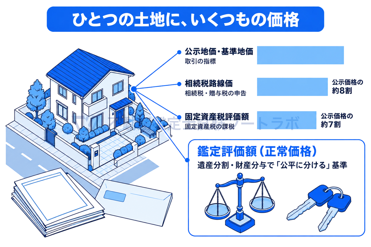 ã²ãšã€ã®åå°ã«è€æ°ã®äŸ¡æ Œãã€ãããšããåå°ã®æ
æ¯ãšæšªæ£ã§ç€ºããå³ãå
¬ç€ºå°äŸ¡ãåºæºã«ãããšãçžç¶çšè·¯ç·äŸ¡ã¯çŽ8å²ãåºå®è³ç£çšè©äŸ¡é¡ã¯çŽ7å²ãç®å®ãéºç£åå²ã財ç£åäžã§å
¬å¹³ã«åããåºæºã«ã¯ãåžå ŽäŸ¡å€ã衚ãéå®è©äŸ¡é¡ã䜿ãã