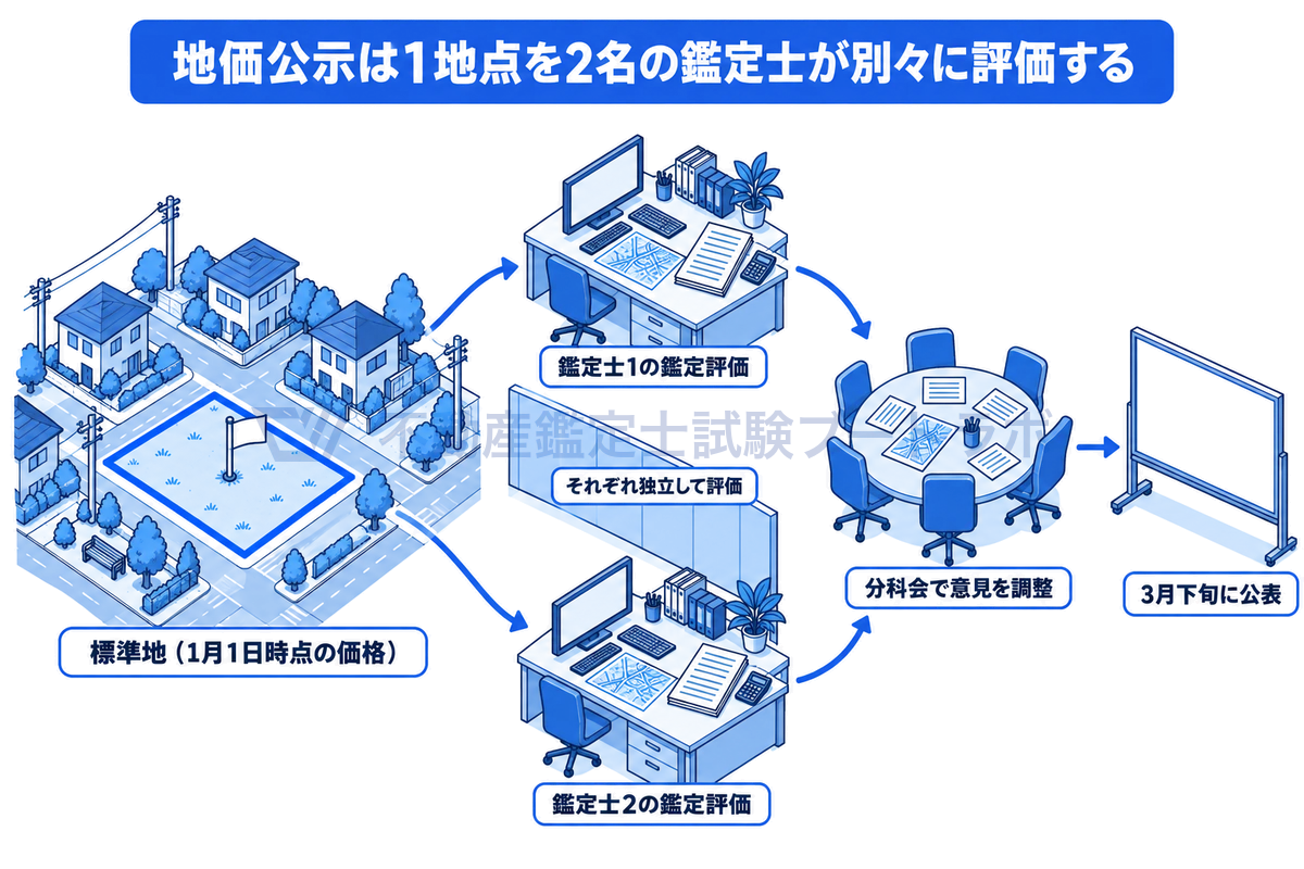 地価公示の評価の場面を示す図。1月1日時点の価格を求める標準地1地点について、2名の不動産鑑定士がそれぞれの事務所で独立して鑑定評価を行い、分科会で意見を調整したうえで3月下旬に公表される。