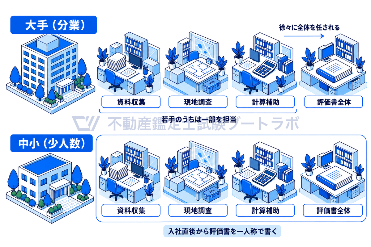 大きなオフィスビルの大手と小さな事務所の中小を上下に並べ、資料収集・現地調査・計算補助・評価書全体の4工程の線画で比べた図。大手の若手は工程の一部から始めて徐々に全体を任され、中小では入社直後から評価書を一人称で書く。