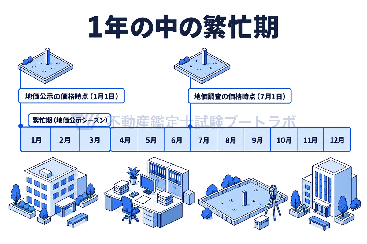 1æãã12æãŸã§ã®åž¯ã®äžã«ã1ã3æã®å°äŸ¡å
¬ç€ºã·ãŒãºã³ãç¹å¿æãšããŠç€ºãã1æ1æ¥ã®å°äŸ¡å
¬ç€ºã®äŸ¡æ Œæç¹ãš7æ1æ¥ã®å°äŸ¡èª¿æ»ã®äŸ¡æ Œæç¹ã«æã®ç«ã£ãæšæºå°ã®ç·ç»ã眮ããå³ãé宿¥çã®ç¹å¿æãšéæ£æã®å·®ã1幎ã®äžã§èŠããŠããã
