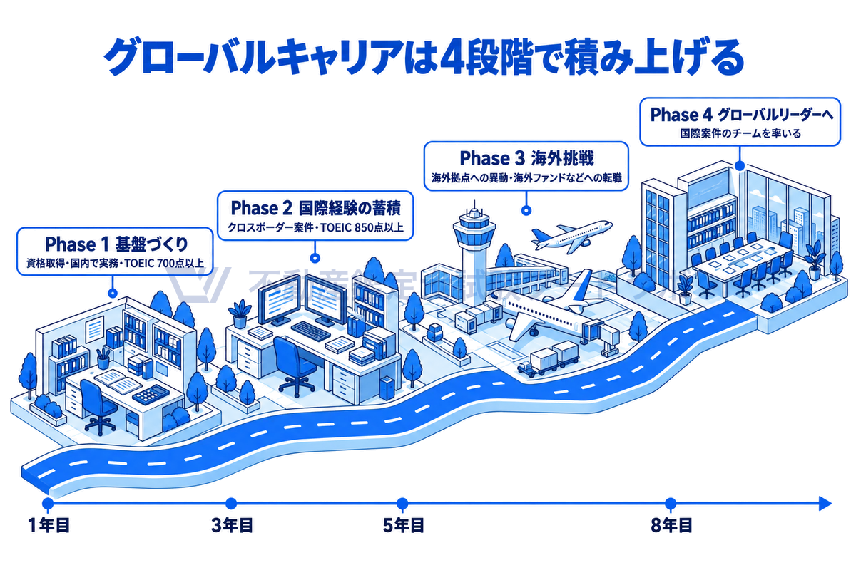 1年目から8年目以降までの時間軸の上に、国内の事務所、国際案件の机、空港と海外拠点、高層ビルの会議室を一本の道でつないだ図。基盤づくり、国際経験の蓄積、海外挑戦、グローバルリーダーへの4段階と、英語力の目標を年数に沿って示している。