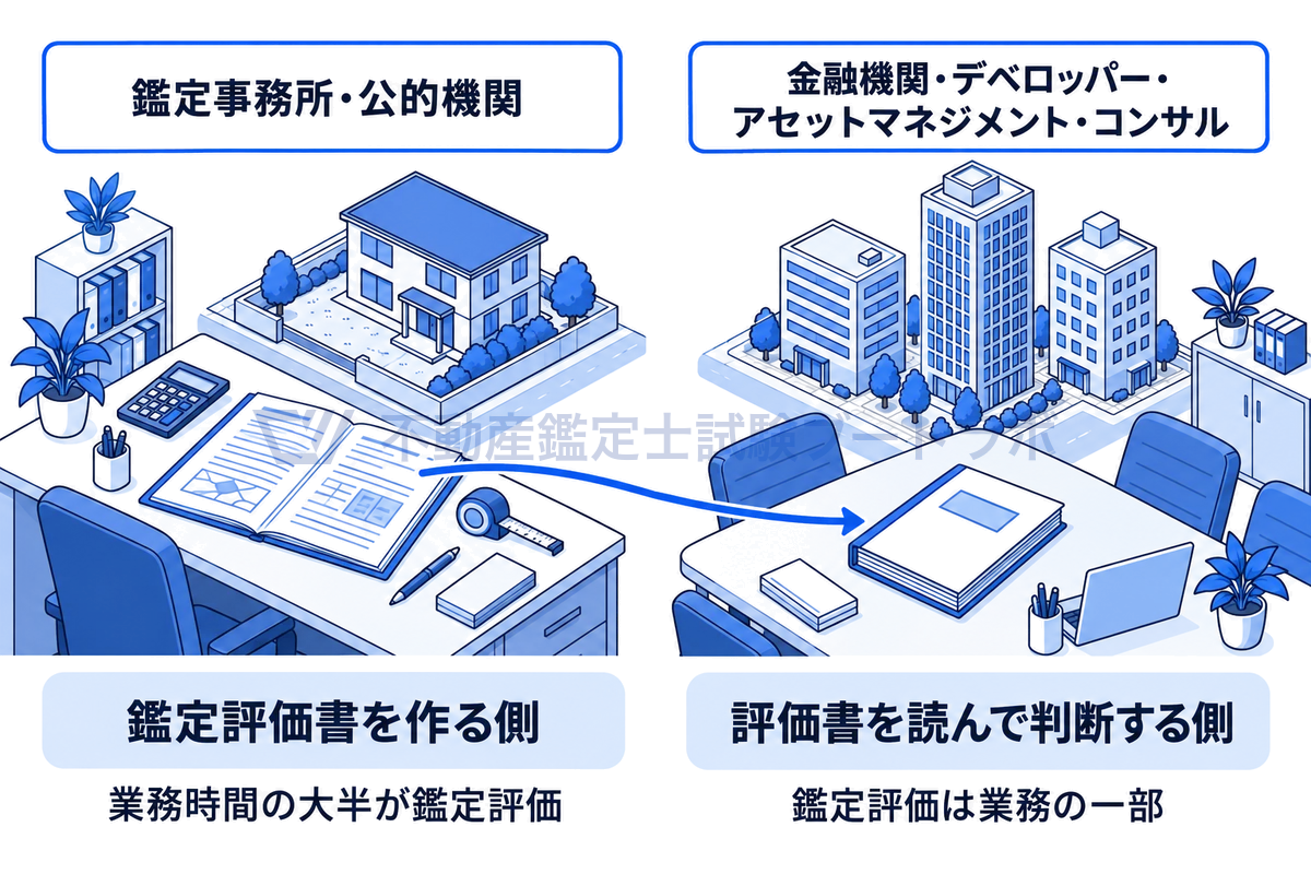 鑑定事務所・公的機関の机で現地の土地と建物を調べて鑑定評価書を作る場面と、金融機関やデベロッパーなどの会議机で評価書を読んで判断する場面を等角図で並べ、作る側と読む側の違いを示した図。
