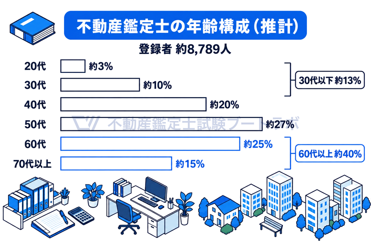 不動産鑑定士の年齢構成の推計を20代約3%から70代以上約15%まで横棒で比例して並べ、30代以下が約13%にとどまる一方で60代以上が約40%を占めることを括弧で示した図。