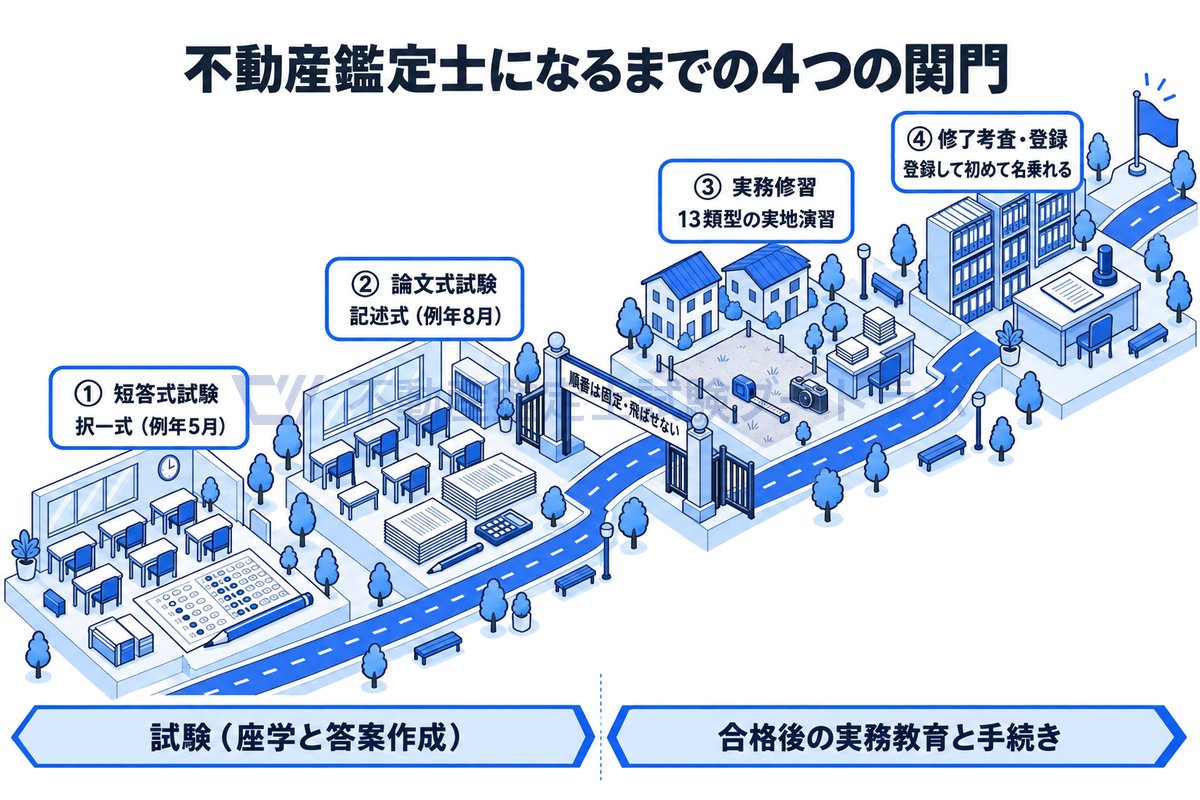 不動産鑑定士になるまでの道を街の中の1本の道で描いた図。短答式試験、論文式試験、実務修習、修了考査・登録の4つの関門が順に並び、前半は試験、後半は合格後の実務教育と手続きで、順番は飛ばせないことを示す。