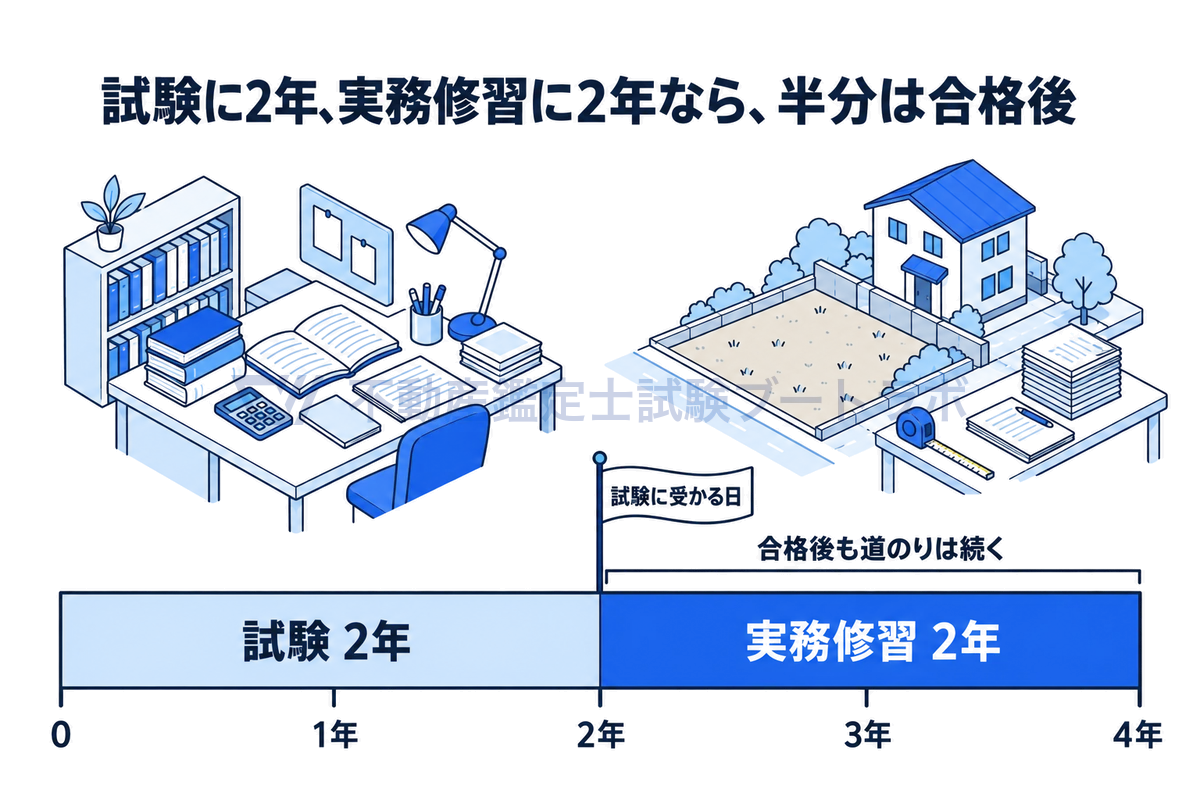 学習開始から登録までを4年の帯で表した図。前半2年が試験、後半2年が実務修習で、長さは同じ。試験に受かる日は全体のちょうど真ん中にあり、合格後にも同じだけの道のりが残ることを示す。