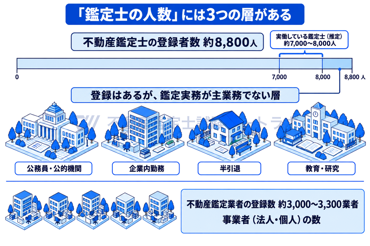 登録者数約8,800人の帯の中に実働している鑑定士の推定約7,000〜8,000人の範囲を示し、差の層として公務員・企業内勤務・半引退・教育研究を線画で添え、別の段に事業者の数である鑑定業者約3,000〜3,300業者を置いた図。