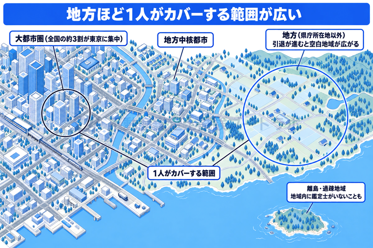 大都市圏・地方中核都市・地方・離島を並べた地図風の線画で、鑑定士が東京を中心とする大都市圏に集中し、地方ほど1人がカバーする範囲が広く、引退が進むと空白地域が広がり、離島では地域内に鑑定士がいないこともあることを示した図。