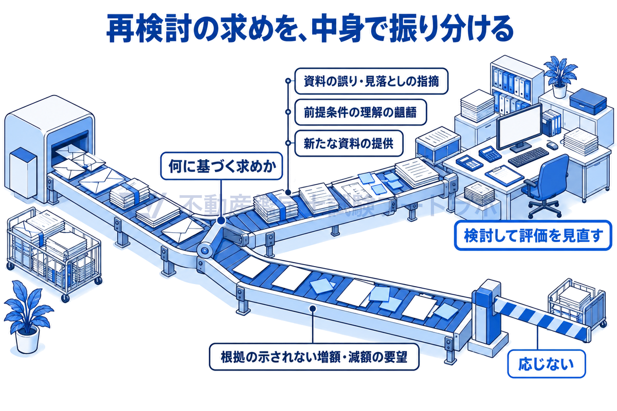 依頼者からの再検討の求めを2つに振り分ける図。資料の誤りの指摘、前提条件の確認、新たな資料の提供は評価の見直しへ進み、根拠の示されない増額や減額の要望は受け付けないことを、書類が流れる仕分け台の情景で描いている。