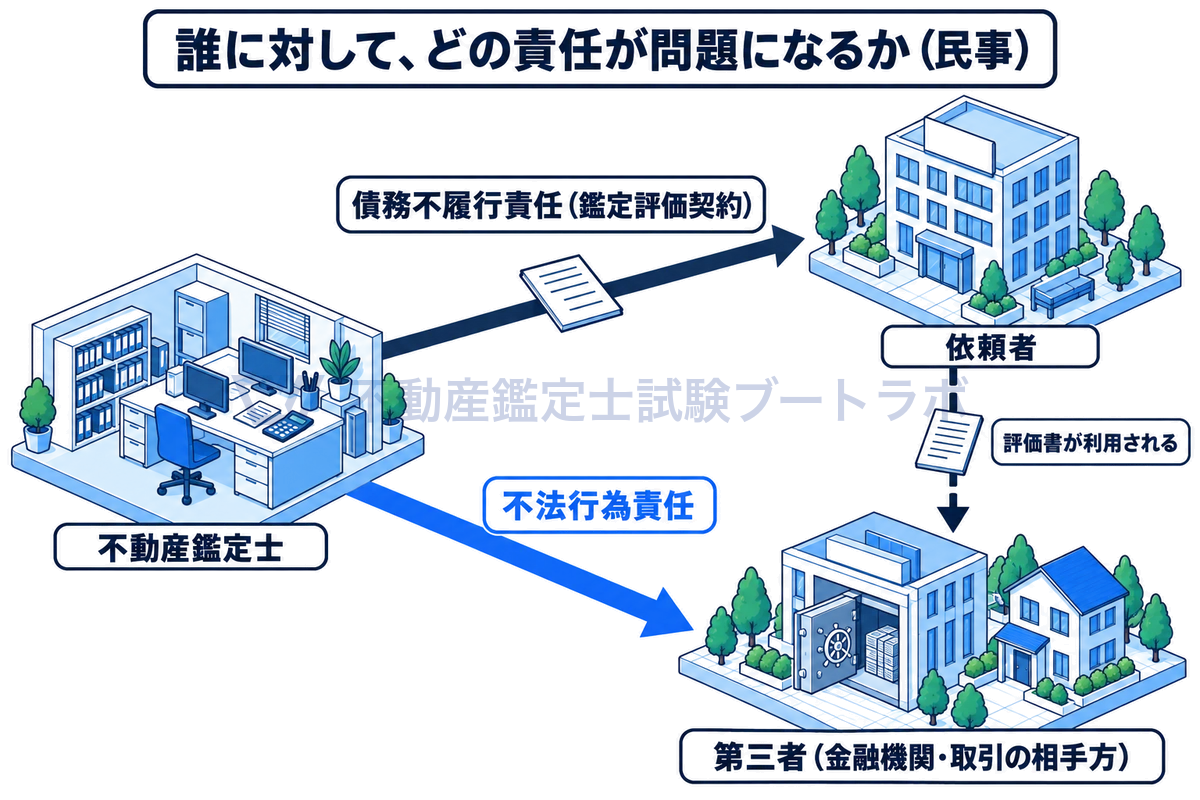 鑑定士が誰に対してどの民事責任を負うかを建物どうしの矢印で示した図。契約関係にある依頼者には債務不履行責任、評価書を利用した金融機関や取引の相手方などの第三者には不法行為責任が問題になる。