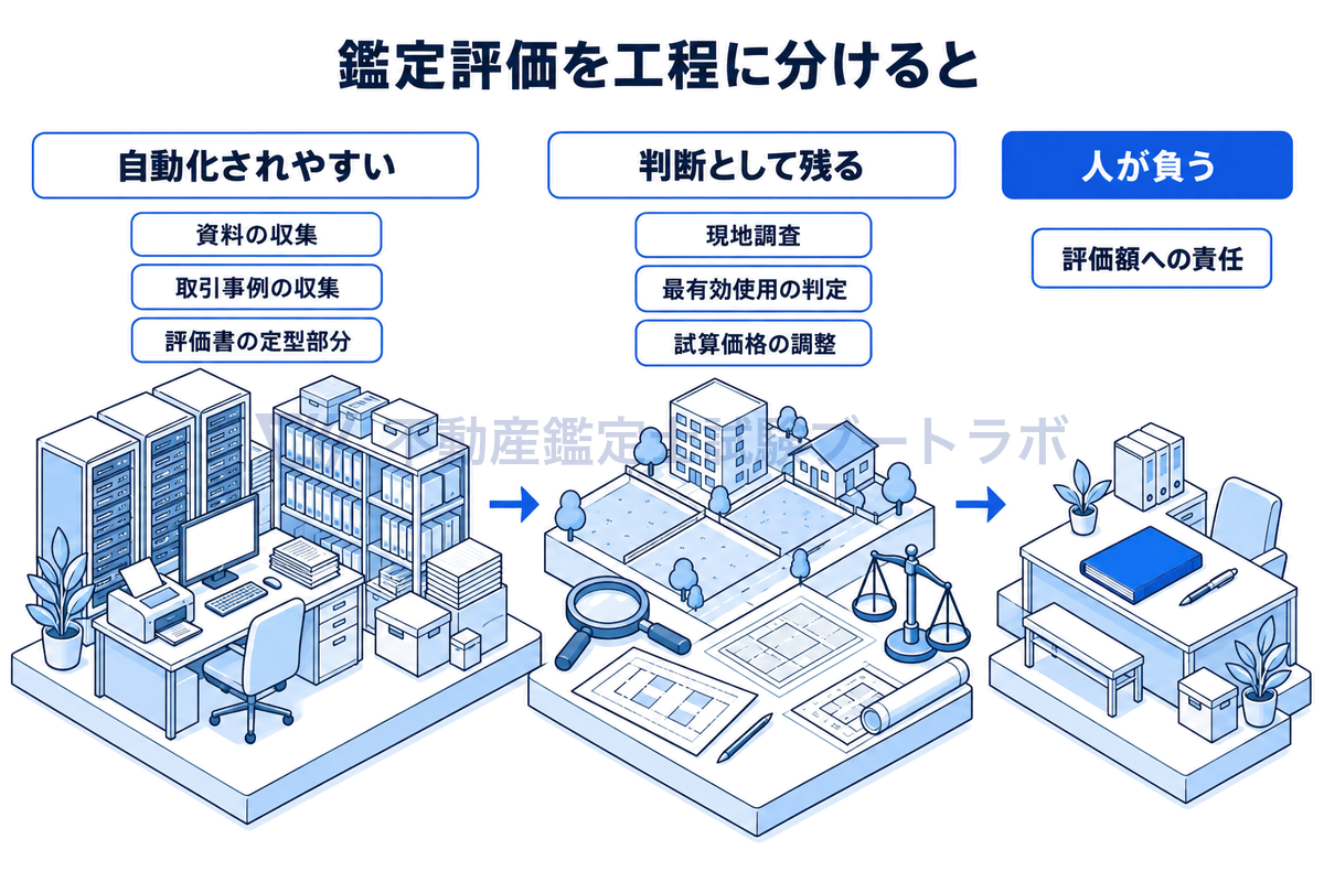 鑑定評価を工程に分け、左から右へ3つの区画で示した図。資料の収集、取引事例の収集、評価書の定型部分は自動化されやすく、現地調査、最有効使用の判定、試算価格の調整は判断として残り、評価額への責任は人が負う。業務が置き換わるのではなく構成が変わることがわかる。