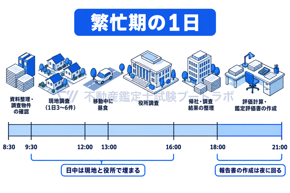 8時30分から21時までの時間軸に、資料整理、現地調査、移動中の昼食、役所調査、帰社後の整理、評価計算と鑑定評価書の作成を時刻に比例した区間と線画で並べ、日中は外での調査で埋まり報告書の作成が夜に回ることを示した図。