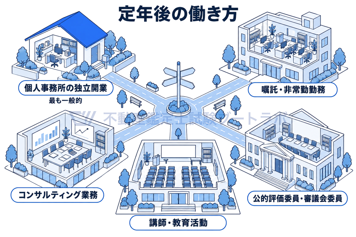 定年後の鑑定士の働き方を街の情景で示した図。自宅兼事務所での独立開業、鑑定事務所での嘱託・非常勤、役所での公的評価委員、教室での講師、会議室でのコンサルティングの5つの場所を道でつないで示している。
