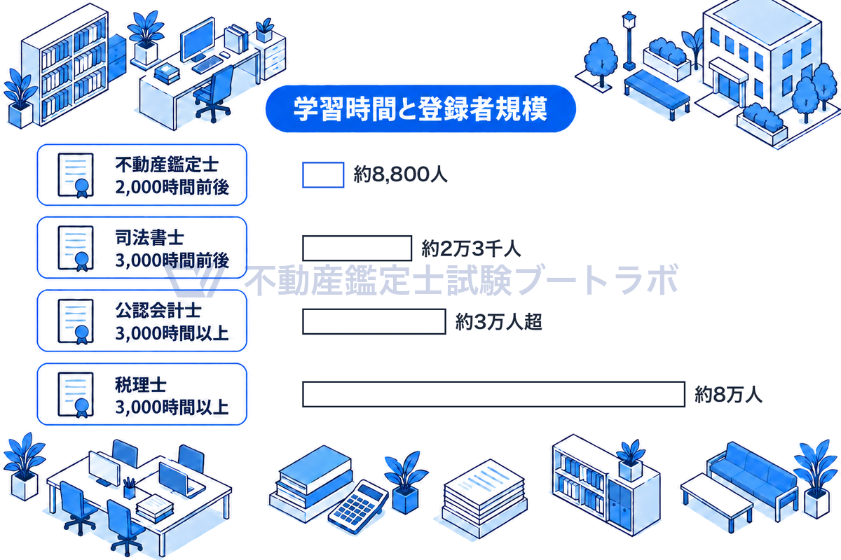 不動産鑑定士・司法書士・公認会計士・税理士の登録者規模を数値に比例した横棒で並べ、学習時間の目安を添えた図。不動産鑑定士は2,000時間前後で約8,800人と、3,000時間前後〜以上の他資格より登録者が少ないことがわかる。