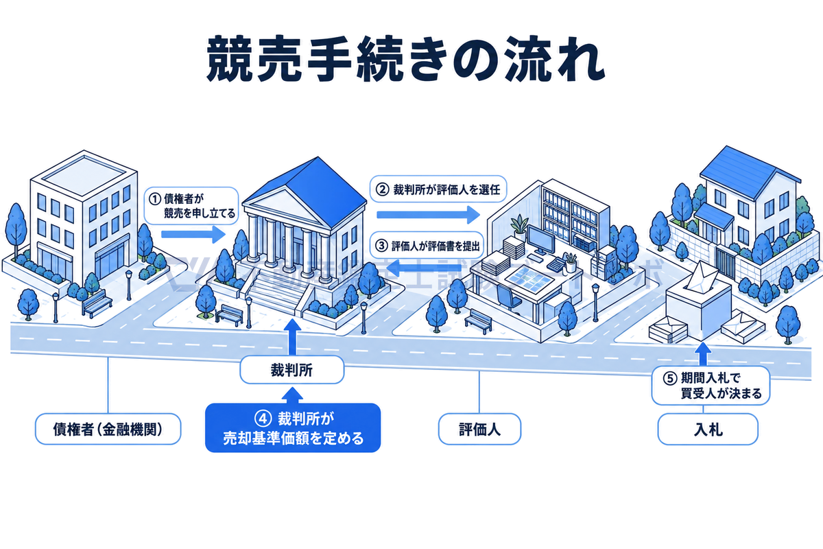 競売手続きの流れを街の場面で示した図。債権者が裁判所に競売を申し立て、裁判所が評価人を選任し、評価人の評価書をもとに裁判所が売却基準価額を定め、期間入札で買受人が決まるまでを5段階で並べている。