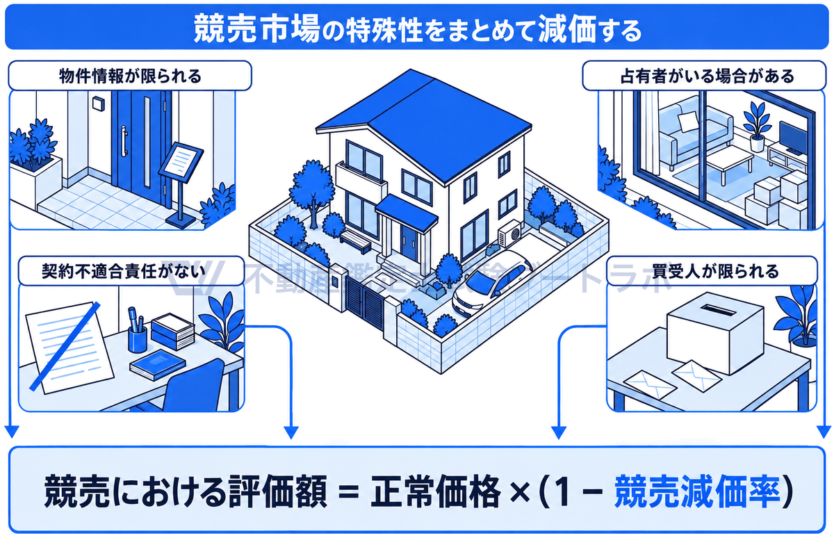 競売に出された住宅のまわりに、物件情報が限られる、占有者がいる場合がある、契約不適合責任がない、買受人が限られるという競売市場の特殊性を描き、それらを競売減価率でまとめて正常価格から差し引く式を下に置いた図。