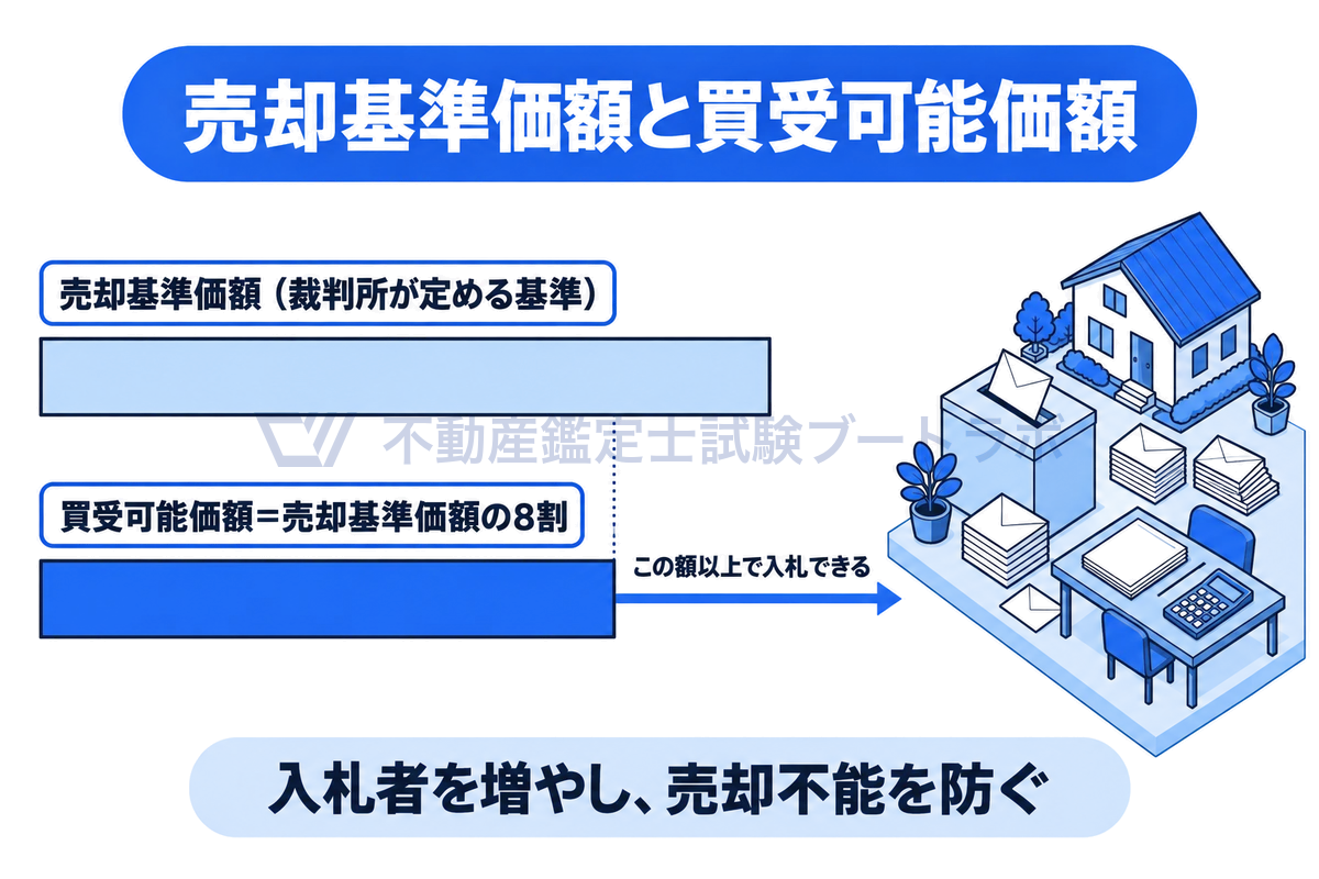 売却基準価額と買受可能価額の関係を棒グラフで示した図。買受可能価額は売却基準価額の8割の額で、買受人はこの額以上で入札できる。入札できる幅を残して入札者を増やし、売却不能を防ぐ趣旨を添えている。