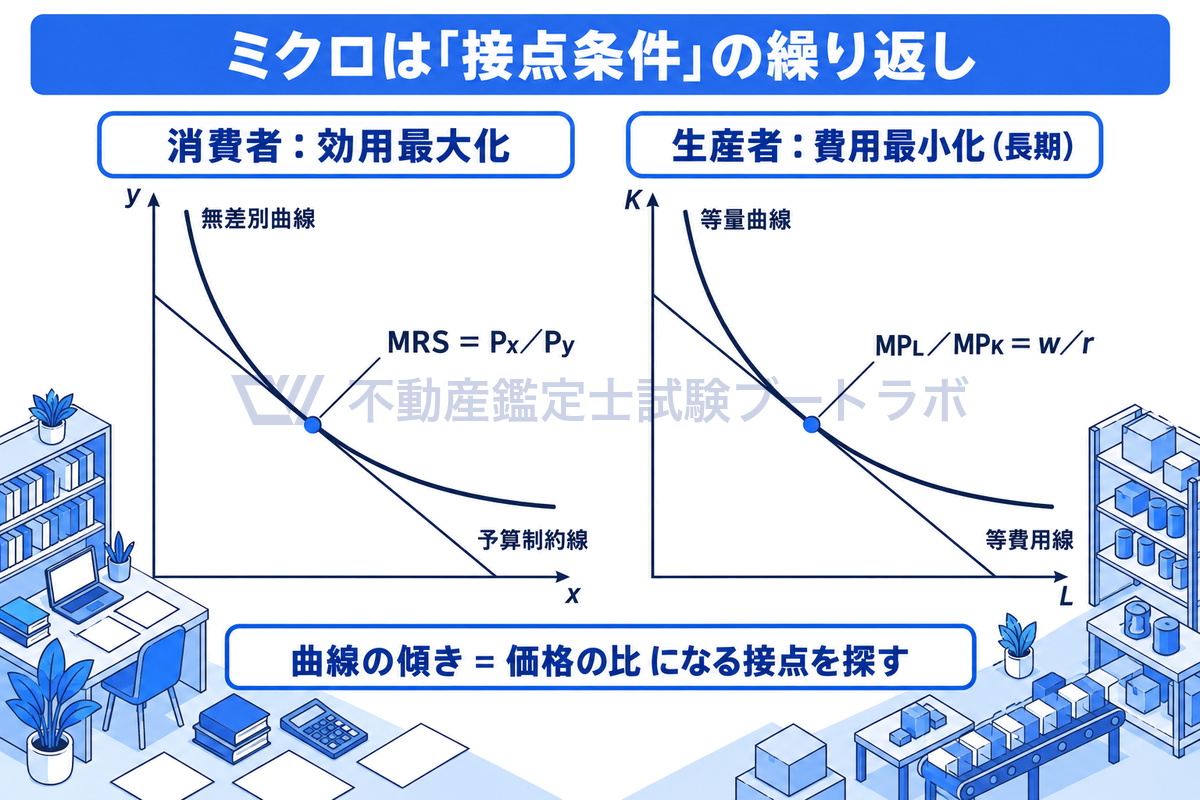 左に無差別曲線と予算制約線が1点で接するグラフ、右に等量曲線と等費用線が1点で接するグラフを並べ、MRS＝価格比とMPL／MPK＝w／rが同じ形の接点条件であることを示した図。