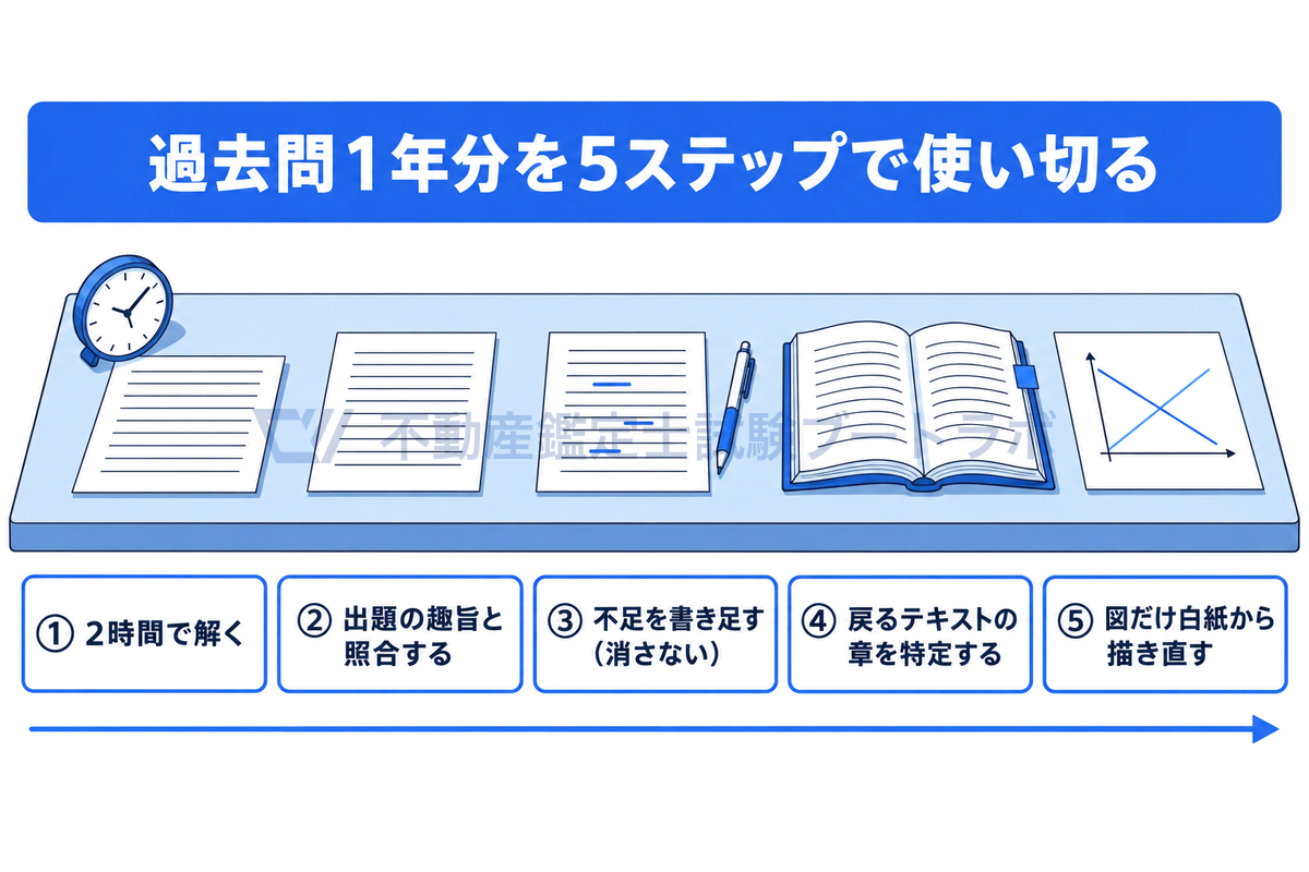 机の上に、置き時計と答案用紙、出題の趣旨の文書、書き足しを入れた答案、付箋を貼ったテキスト、白紙に描き直した需給グラフを左から順に並べ、過去問1年分を5つの手順で使い切る流れを示した図。