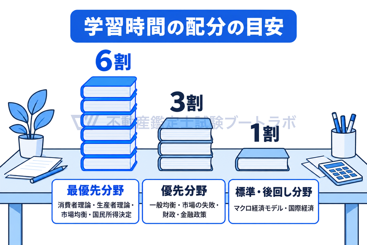 学習時間の配分の目安を、机に積んだ本の冊数で表した図。最優先分野が6冊、優先分野が3冊、標準・後回し分野が1冊で、6割・3割・1割の比率どおりの高さになっている。各山の下に含まれる分野名を添える。