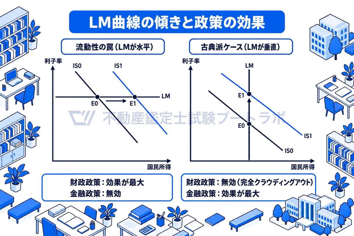 IS-LM分析の両極端を並べた2つのグラフ。左はLM曲線が水平な流動性の罠で、IS曲線の右シフトにより国民所得が大きく増える。右はLM曲線が垂直な古典派ケースで、IS曲線が右に動いても利子率が上がるだけで国民所得は増えない。