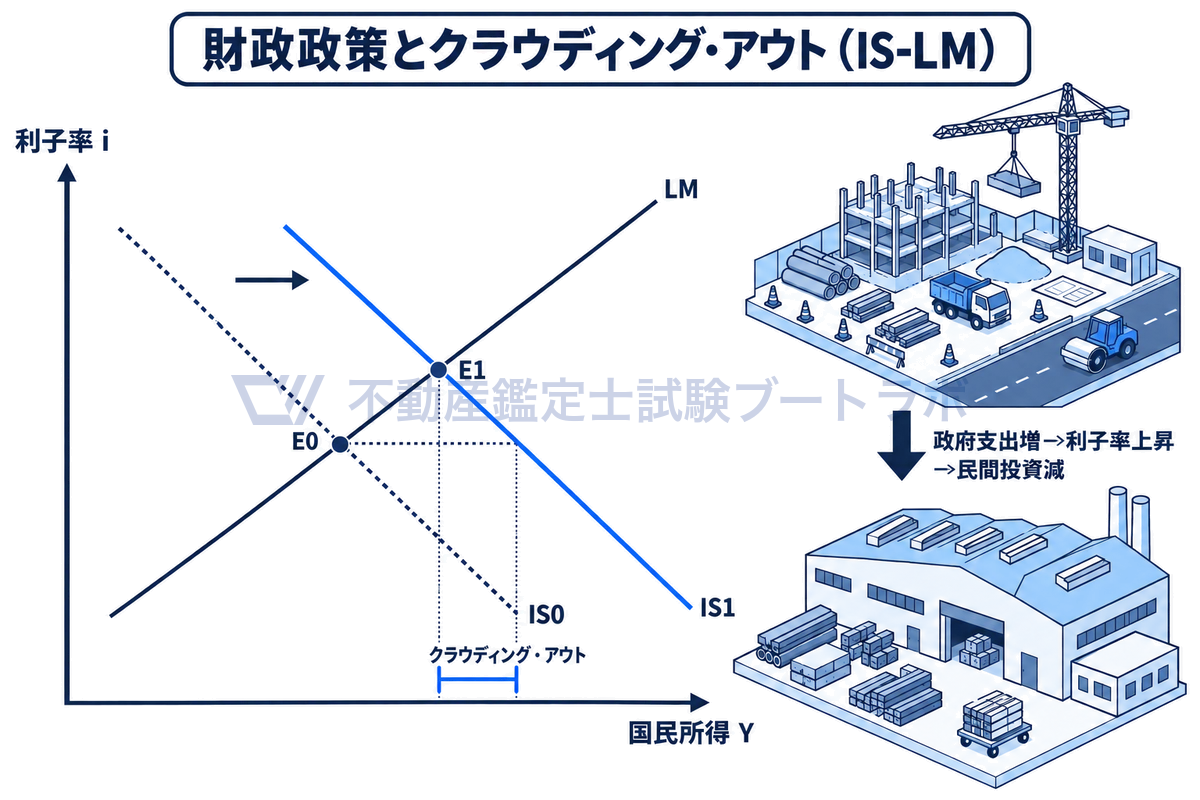 IS-LM図で政府支出の増加によりIS曲線が右へシフトし、均衡がE0からE1へ移って利子率が上がる様子を描いた図。利子率が上がらなかった場合との国民所得の差をクラウディング・アウトとして示している。