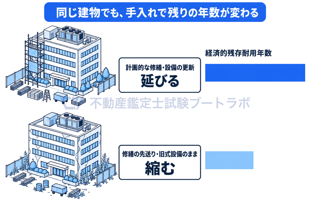 同じ建物でも、計画的な大規模修繕や設備の更新を行えば経済的残存耐用年数が延び、修繕を先送りして旧式設備のまま放置すれば縮むことを、上下2段の建物の情景と長さの違う時間の帯で比べた図。
