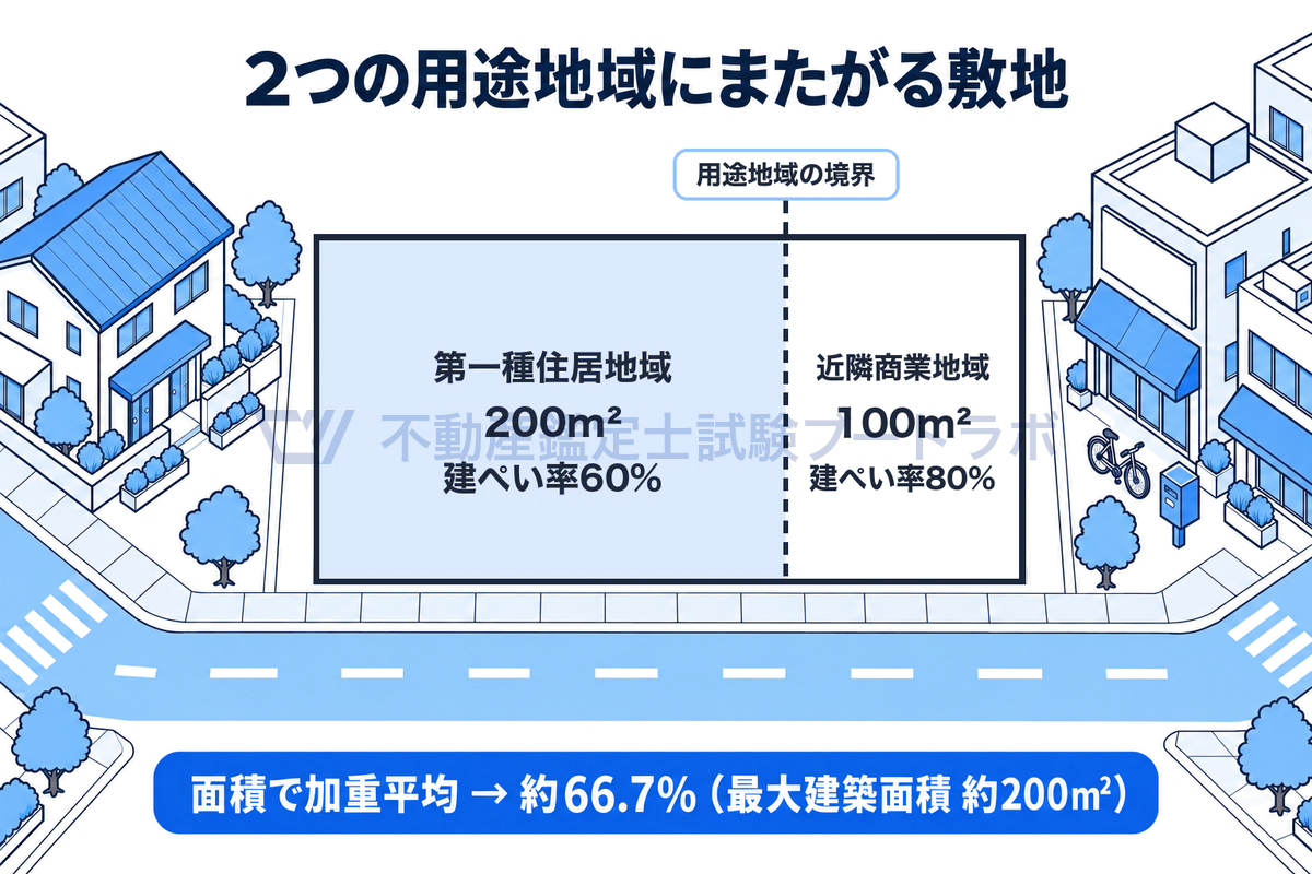 300m²の敷地が用途地域の境界で第一種住居地域の200m²（建ぺい率60%）と近隣商業地域の100m²（建ぺい率80%）に2対1で分かれる様子を描き、面積で加重平均した約66.7%、最大建築面積約200m²になることを示した図。