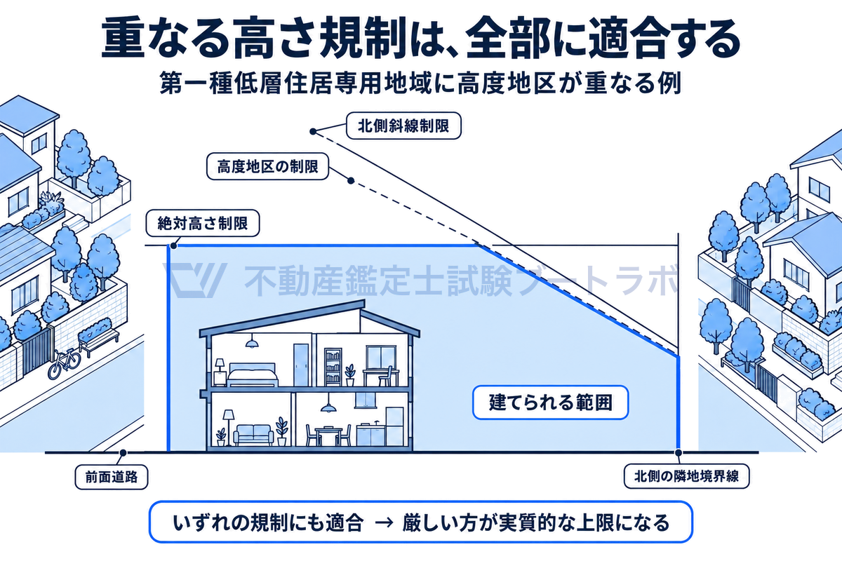 第一種低層住居専用地域に高度地区が重なる例を断面で示した図。絶対高さ制限、北側斜線制限、高度地区の制限の3本の線のすべてに適合する範囲だけが建てられる範囲となり、厳しい方の制限が実質的な上限になることを示す。