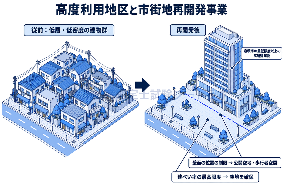 高度利用地区での市街地再開発事業の前後を描いた図。従前の低層・低密度の建物群が、容積率の最低限度以上の高層建築物に建て替えられ、壁面の位置の制限で公開空地・歩行者空間が生まれ、建ぺい率の最高限度で空地が確保される。
