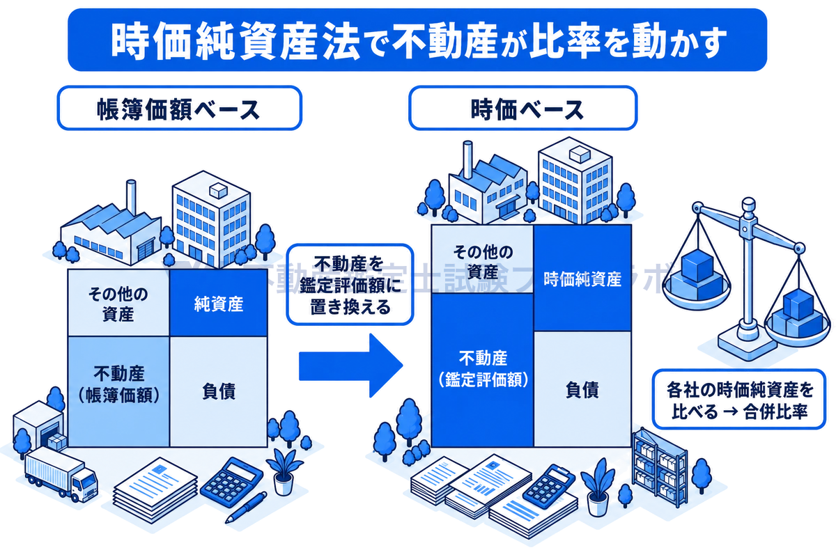 時価純資産法で不動産の評価が合併比率に直接響くしくみを示す図。帳簿価額ベースの資産のうち不動産を鑑定評価額に置き換えると、負債を差し引いた時価純資産が変わり、各社の時価純資産を比べて合併比率を算定する。