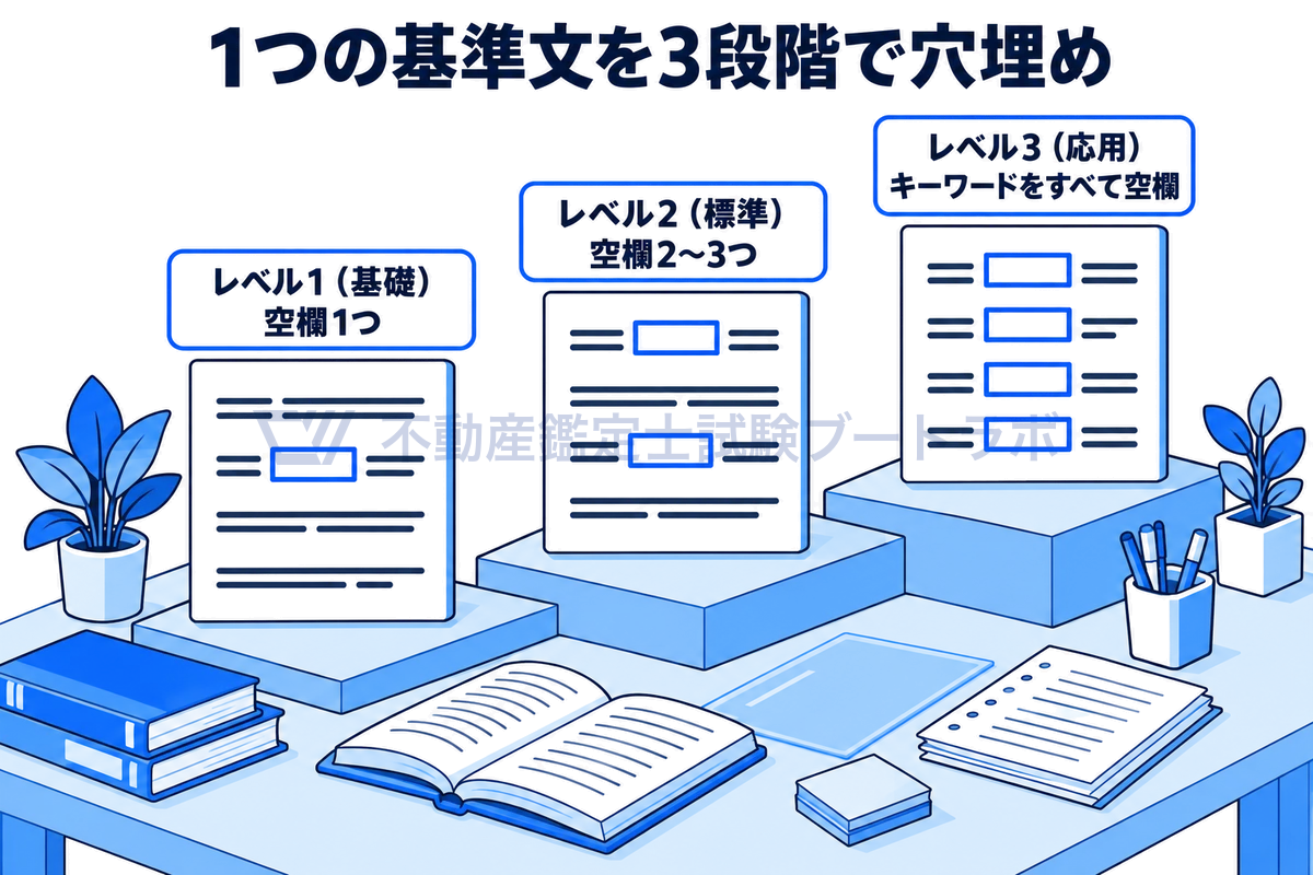 一つの基準文から難易度の違う三つの穴埋めを作る様子を、机の上で階段状に並ぶ三枚のカードで示す図。レベル1は空欄1つ、レベル2は空欄2〜3つ、レベル3はキーワードをすべて空欄にし、右へ行くほど空欄が増える。