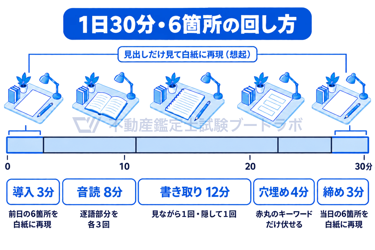 1日30分を導入3分・音読8分・書き取り12分・穴埋め4分・締め3分の長さどおりの帯に分け、各工程の道具を線画で添えて、最初と最後の2区間がどちらも見出しだけを見て白紙に再現する想起の時間であることを示した図。