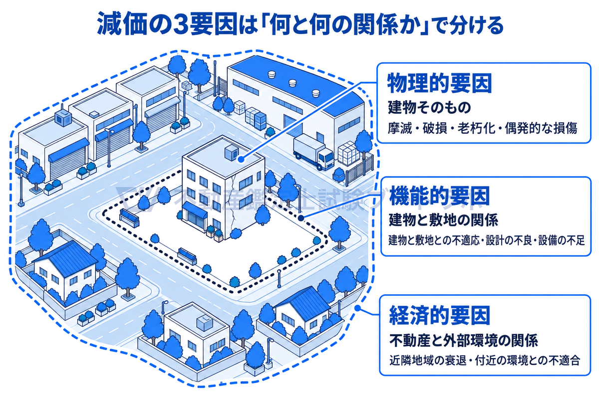 古い建物と敷地と周辺の街区を等角図で描き、建物そのものの物理的要因、建物と敷地の関係である機能的要因、不動産と外部環境の関係である経済的要因を入れ子の枠で示した図。建物と敷地との不適応は機能的要因、付近の環境との不適合は経済的要因と分かる。