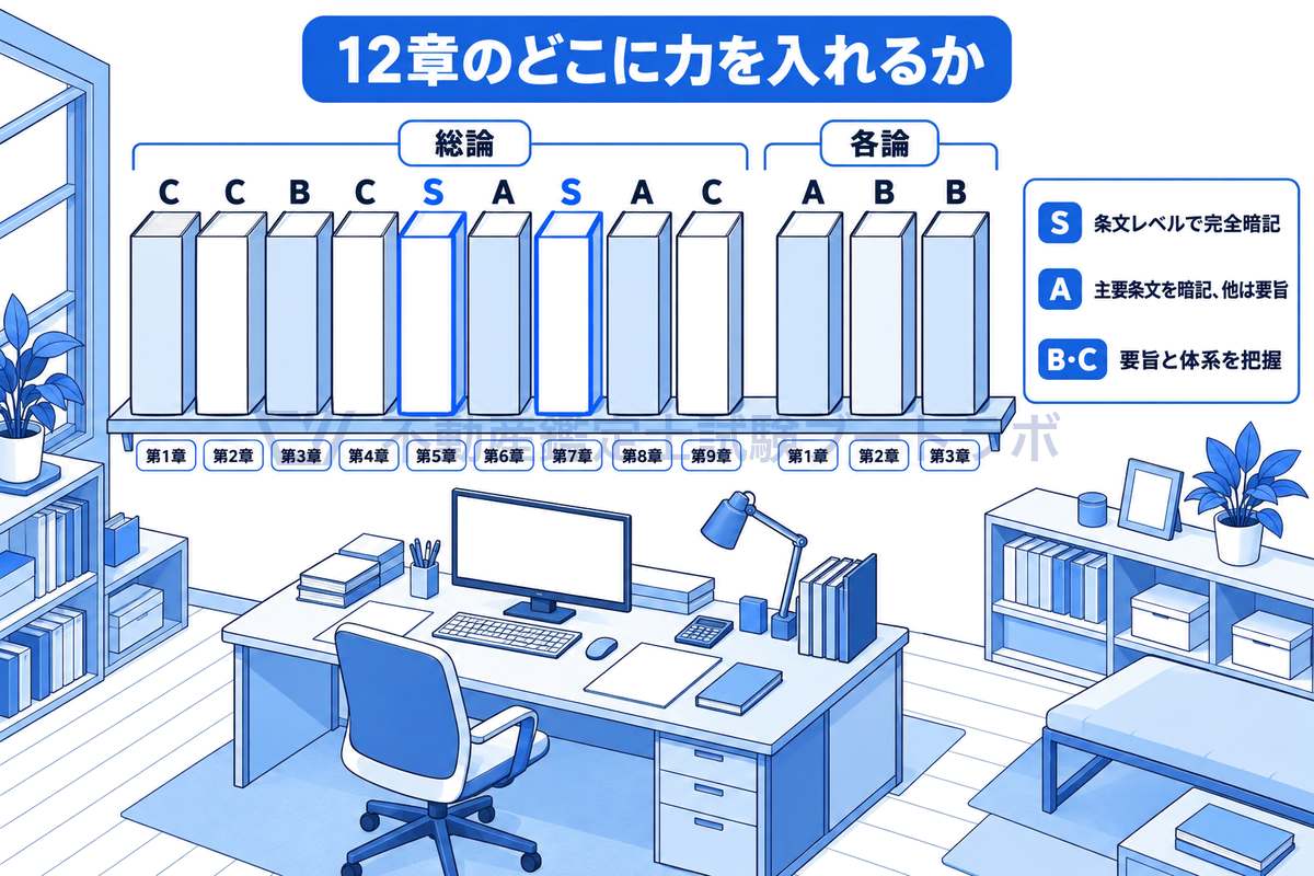 鑑定評価基準の総論第1章から第9章と各論第1章から第3章を12冊の冊子として本棚の順に並べ、総論第5章と第7章をS、第6章・第8章・各論第1章をA、第3章・各論第2章・第3章をB、残りをCとして、暗記の深さを示した図。