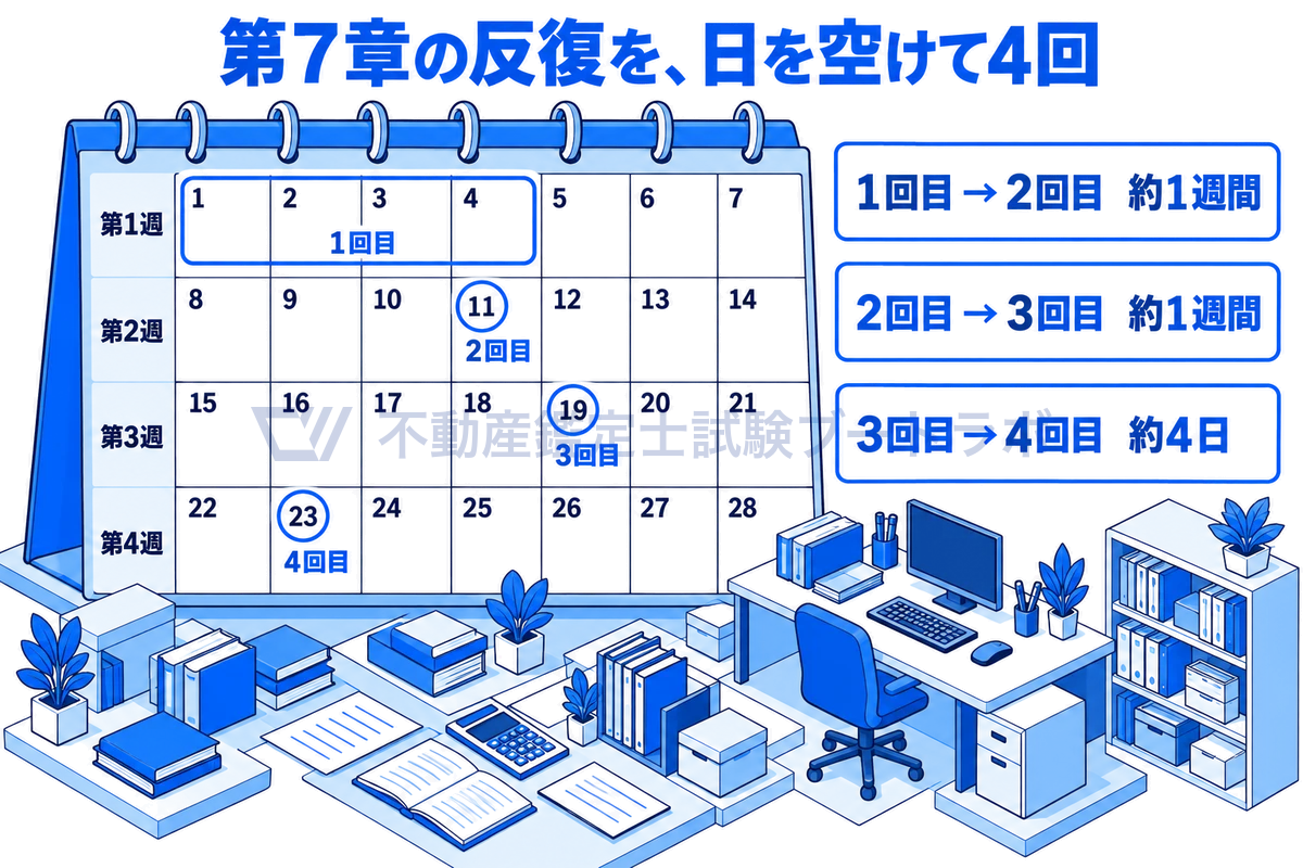 4週間28日の卓上カレンダーに、総論第7章を反復するDay1〜4、Day11、Day19、Day23を青の印で示し、1回目から2回目、2回目から3回目は約1週間、3回目から4回目は約4日と、反復を日を空けて散らしていることを示した図。