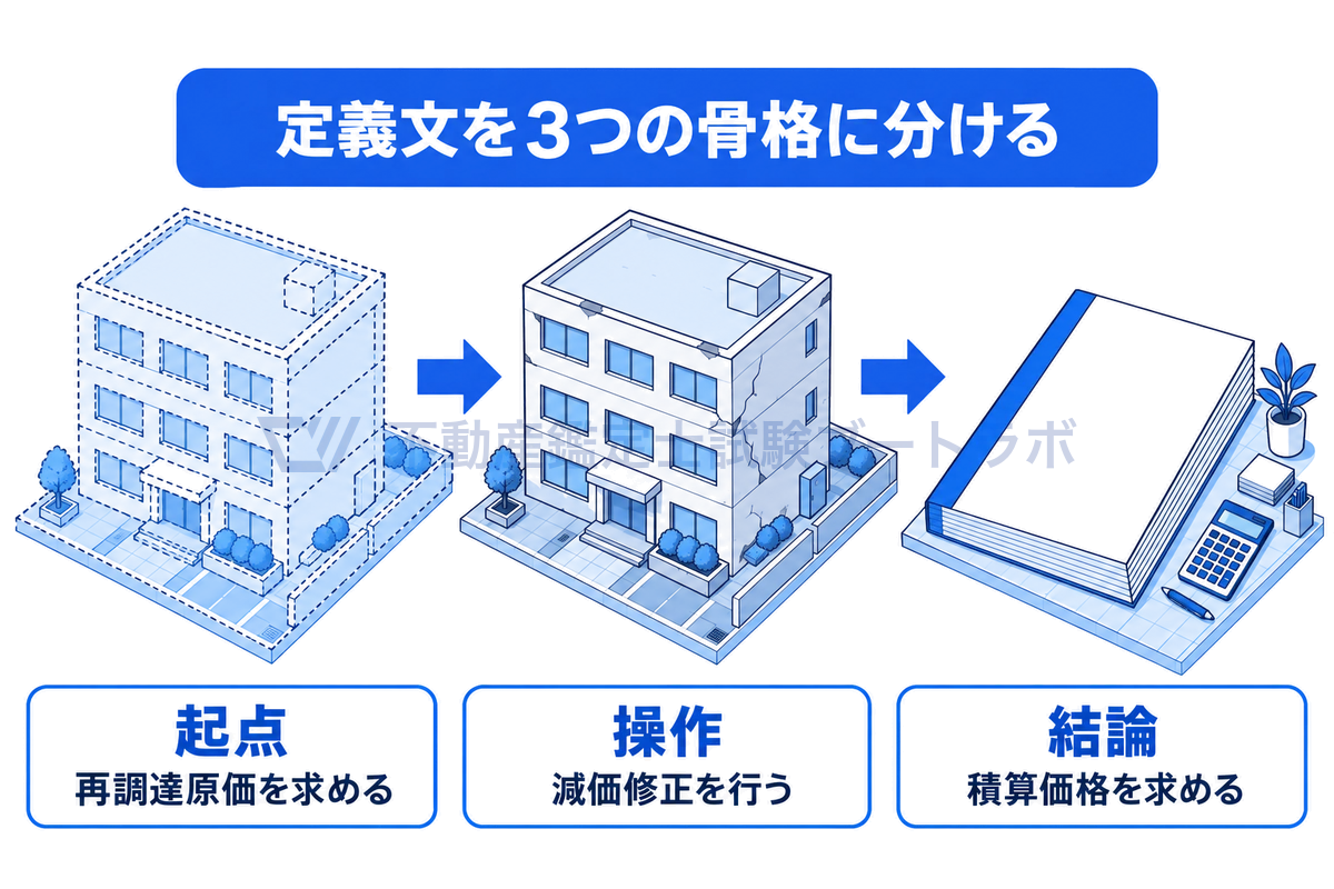 原価法の定義文を、価格時点で新しく建てたと想定した建物の再調達原価を求める起点、実際の古い建物について減価修正を行う操作、評価書類として積算価格を求める結論の3コマに分け、骨格から覚える方法を示した図。