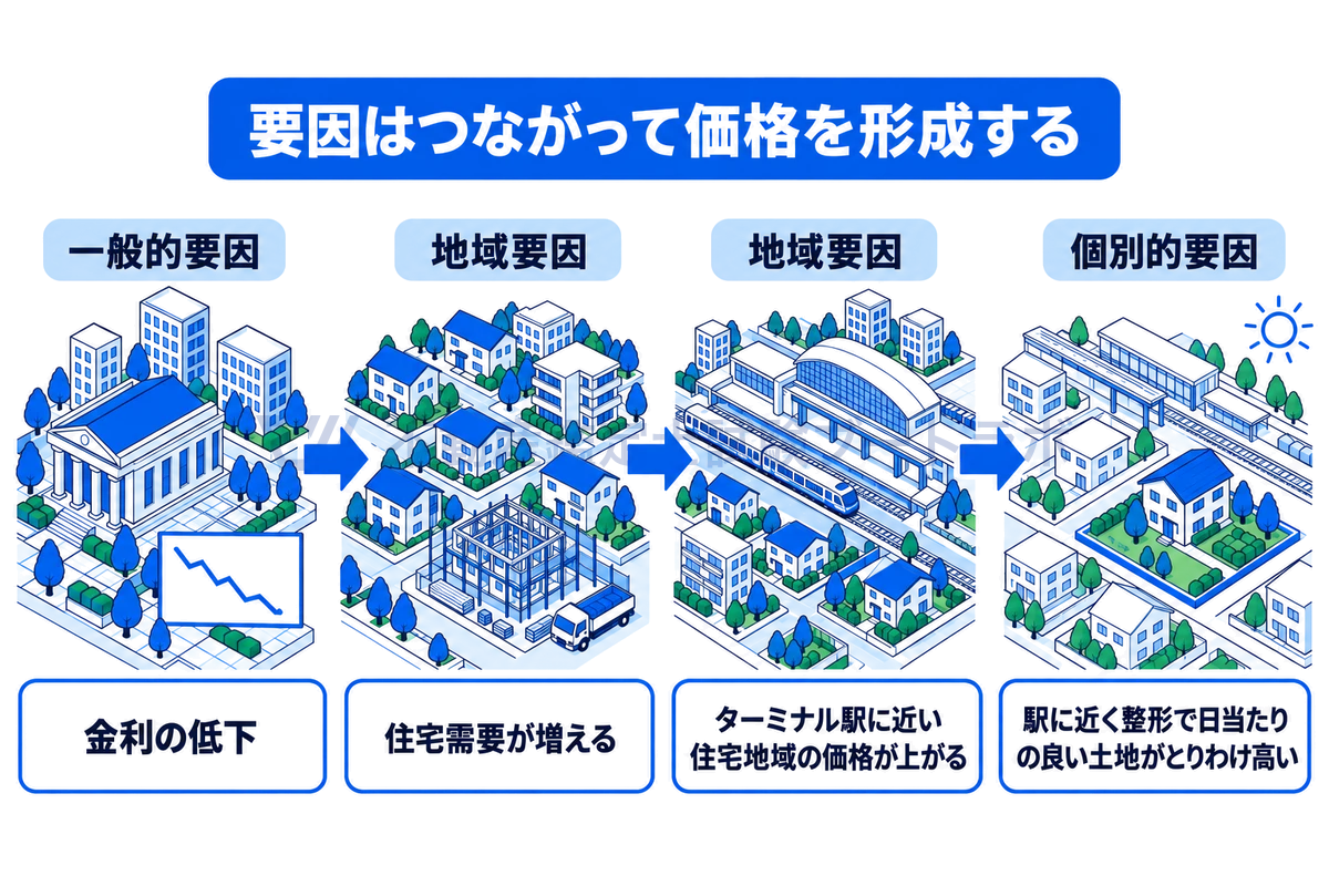 価格形成要因が連鎖する例を街の場面で示した図。金利の低下という一般的要因が住宅需要を増やし、ターミナル駅に近い住宅地域の価格が上がり、その中でも駅に近く整形で日当たりの良い土地がとりわけ高くなる流れを描いている。