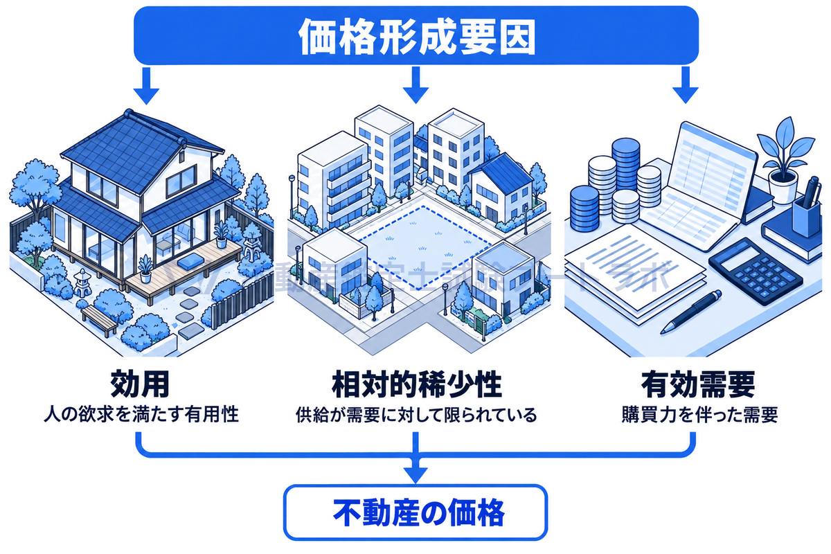 価格形成要因の定義を示した図。価格形成要因は、人の欲求を満たす有用性である効用、供給が需要に対して限られている相対的稀少性、購買力を伴った需要である有効需要の三者に影響を与え、そこから不動産の価格が形成される。