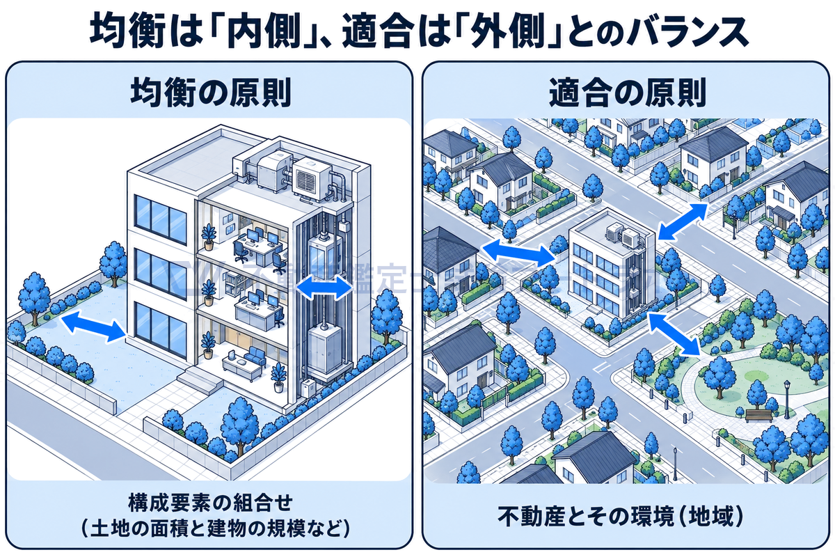 均衡の原則と適合の原則の違いを示した図。左は1つの不動産の内側で、土地の面積と建物の規模など構成要素の組合せのバランスを見る均衡の原則。右はその不動産と周りの環境(地域)とのバランスを見る適合の原則。