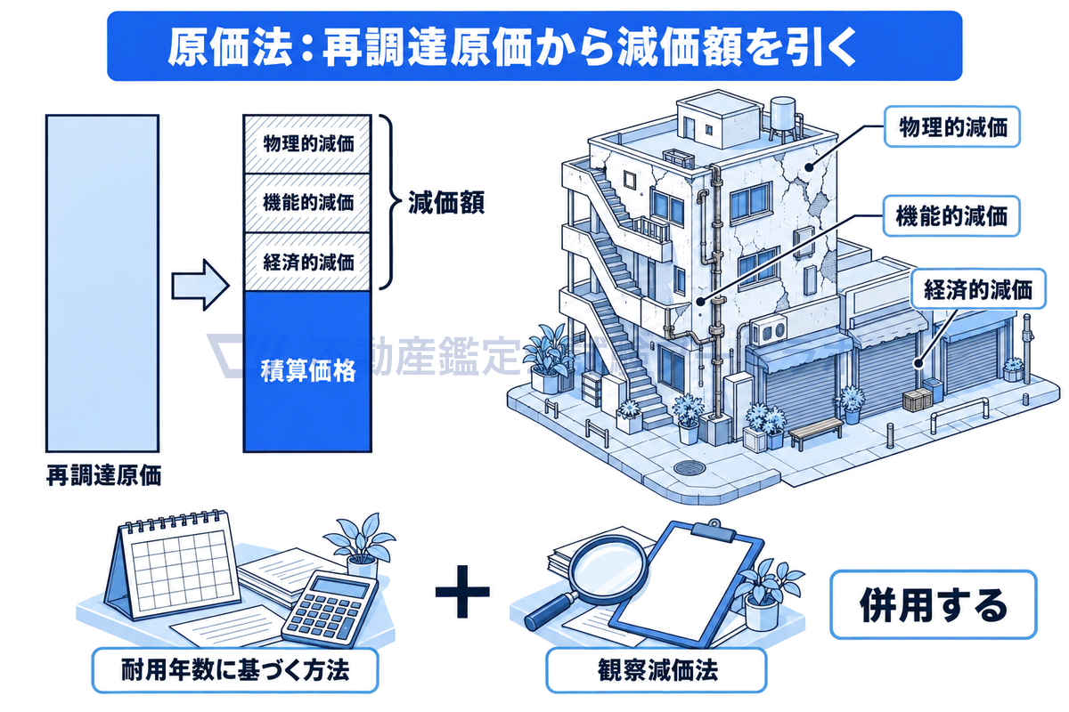 再調達原価の棒から物理的・機能的・経済的の3つの減価額を差し引いて積算価格が残る様子を、古い建物の情景とともに描いた図。減価修正の方法として耐用年数に基づく方法と観察減価法を併用することも示している。