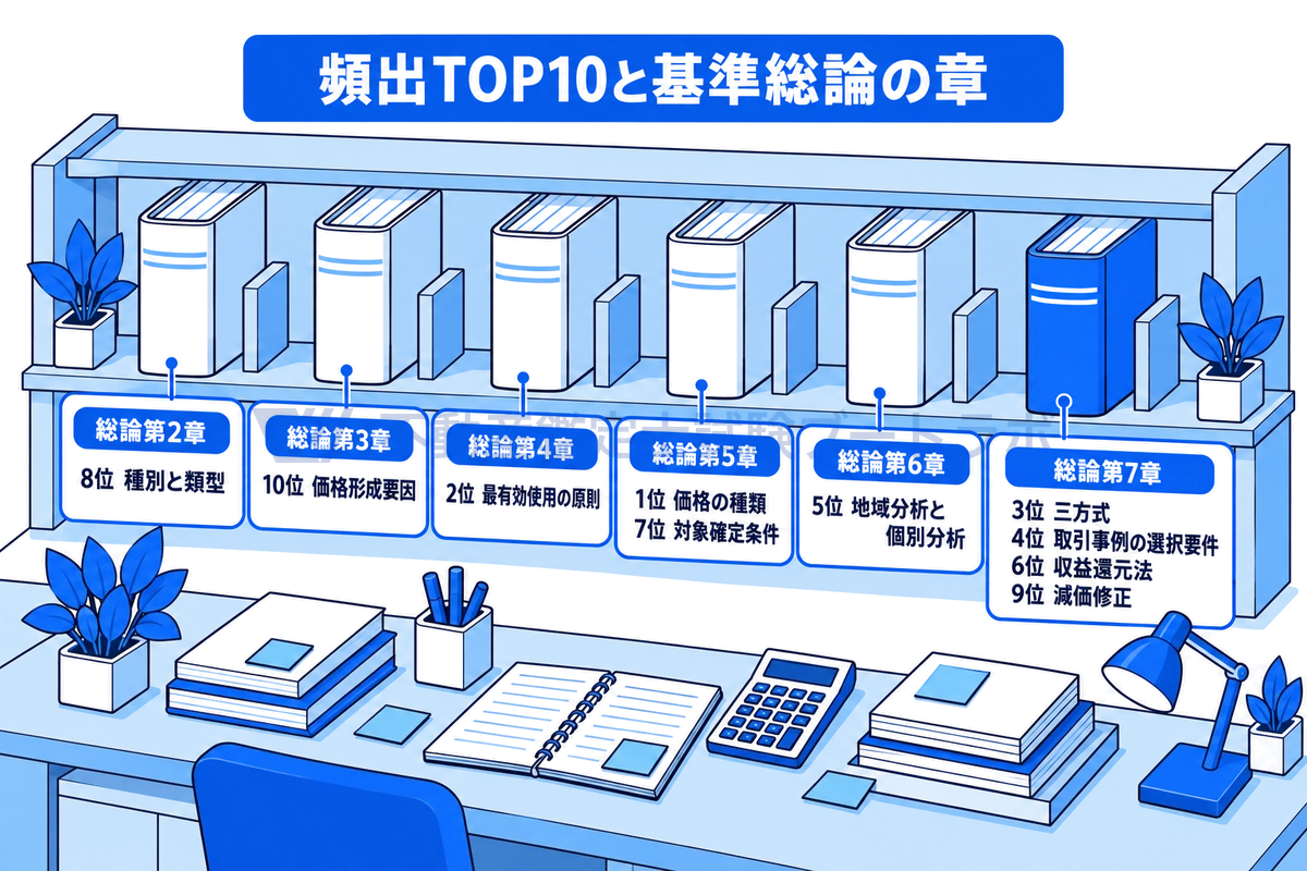頻出論点TOP10が鑑定評価基準の総論のどの章にあるかを本棚の情景で示した図。第2章に種別と類型、第3章に価格形成要因、第4章に最有効使用の原則、第5章に価格の種類と対象確定条件、第6章に地域分析と個別分析、第7章に三方式など4論点がある。