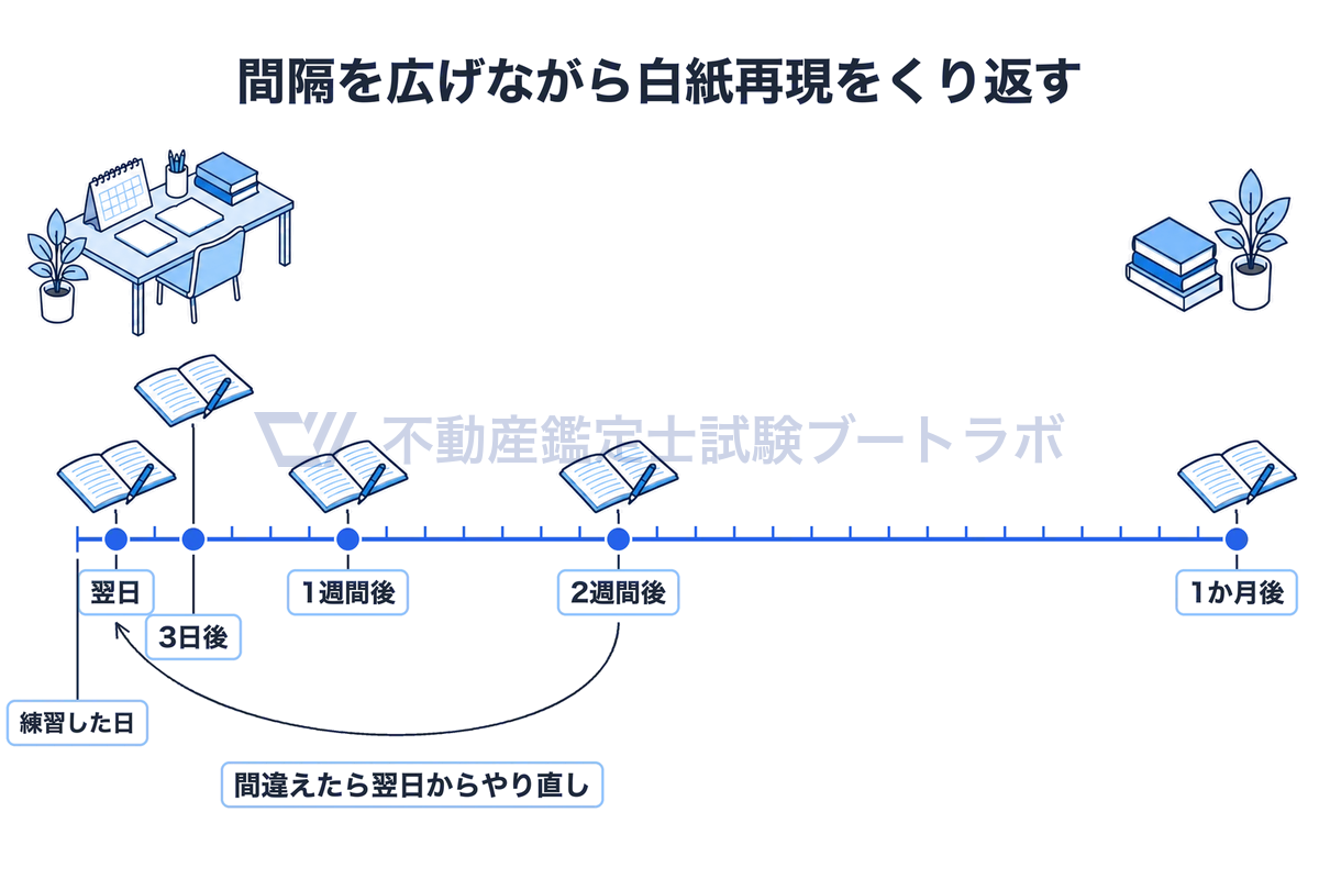 練習した日から1か月後までの時間軸に、翌日・3日後・1週間後・2週間後・1か月後の白紙再現の日を日数どおりの間隔で並べた図。間違えたら翌日からやり直す戻りの矢印も描いている。