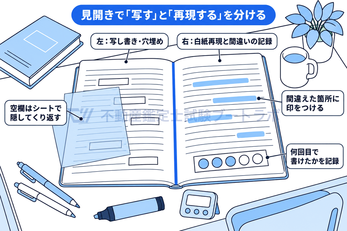 机の上に開いた書き取りノートの見開きを描いた図。左ページは基準の写し書きと穴埋めで、空欄をシートで隠してくり返す。右ページは白紙再現の結果で、間違えた箇所の印と何回目で書けたかの記録欄がある。