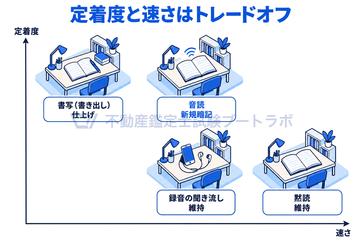 音読・黙読・書写・録音の聞き流しの4つの方法を、横軸を速さ、縦軸を定着度にとって配置した図。書写は遅いが定着度が高く仕上げに、音読は定着度が高く新規暗記に、黙読と聞き流しは定着度は低めだが手軽で維持に向く、という役割分担を示す。