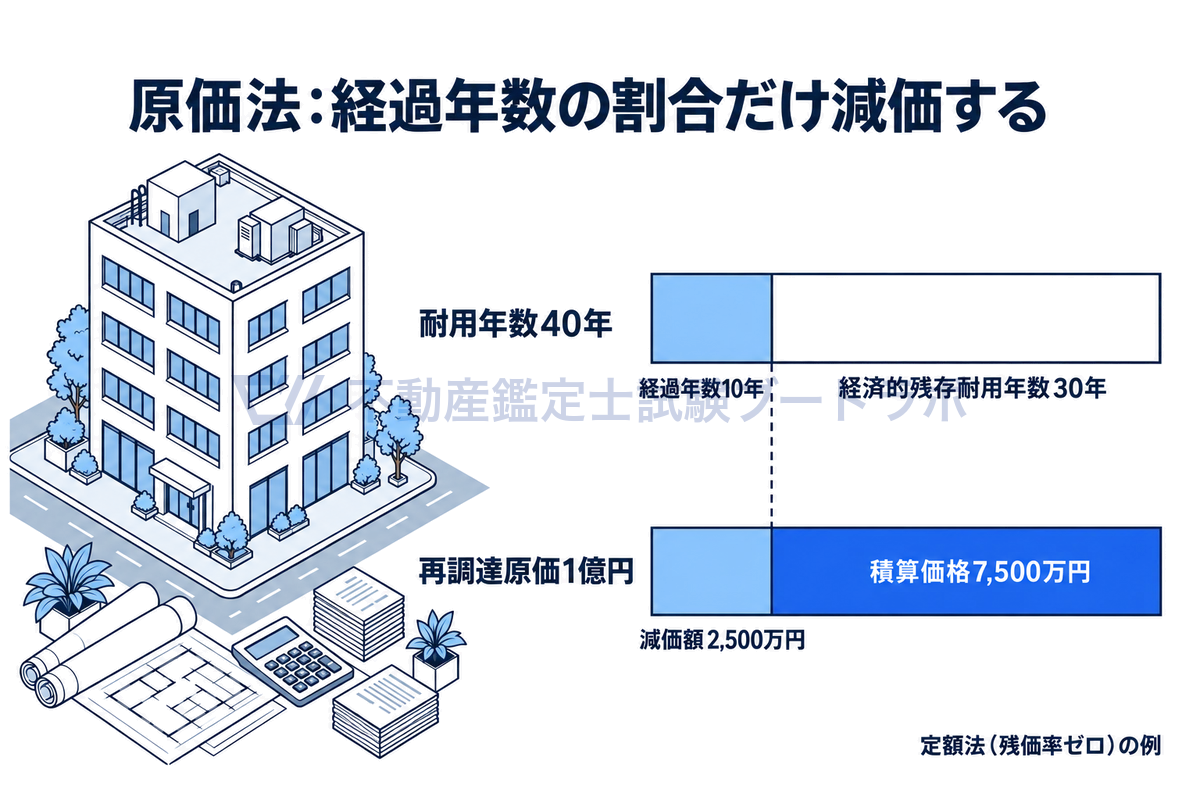 å䟡æ³ã®æ°å€äŸã2æ¬ã®åž¯ã§ç€ºããå³ãèçšå¹Žæ°40幎ãçµé幎æ°10幎ãšçµæžçæ®åèçšå¹Žæ°30幎ã«åããåãå²åã§å調éå䟡1ååããæžäŸ¡é¡2,500äžåãå·®ãåŒããç©ç®äŸ¡æ Œ7,500äžåã«ãªãããšã衚ããŠããã