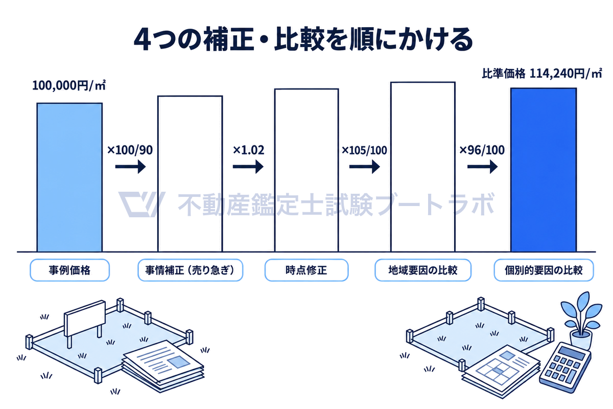 取引事例比較法の計算例を5本の棒で示した図。事例価格100,000円/㎡に事情補正、時点修正、地域要因の比較、個別的要因の比較を順にかけ、比準価格114,240円/㎡に至るまでの変化を棒の高さで表している。