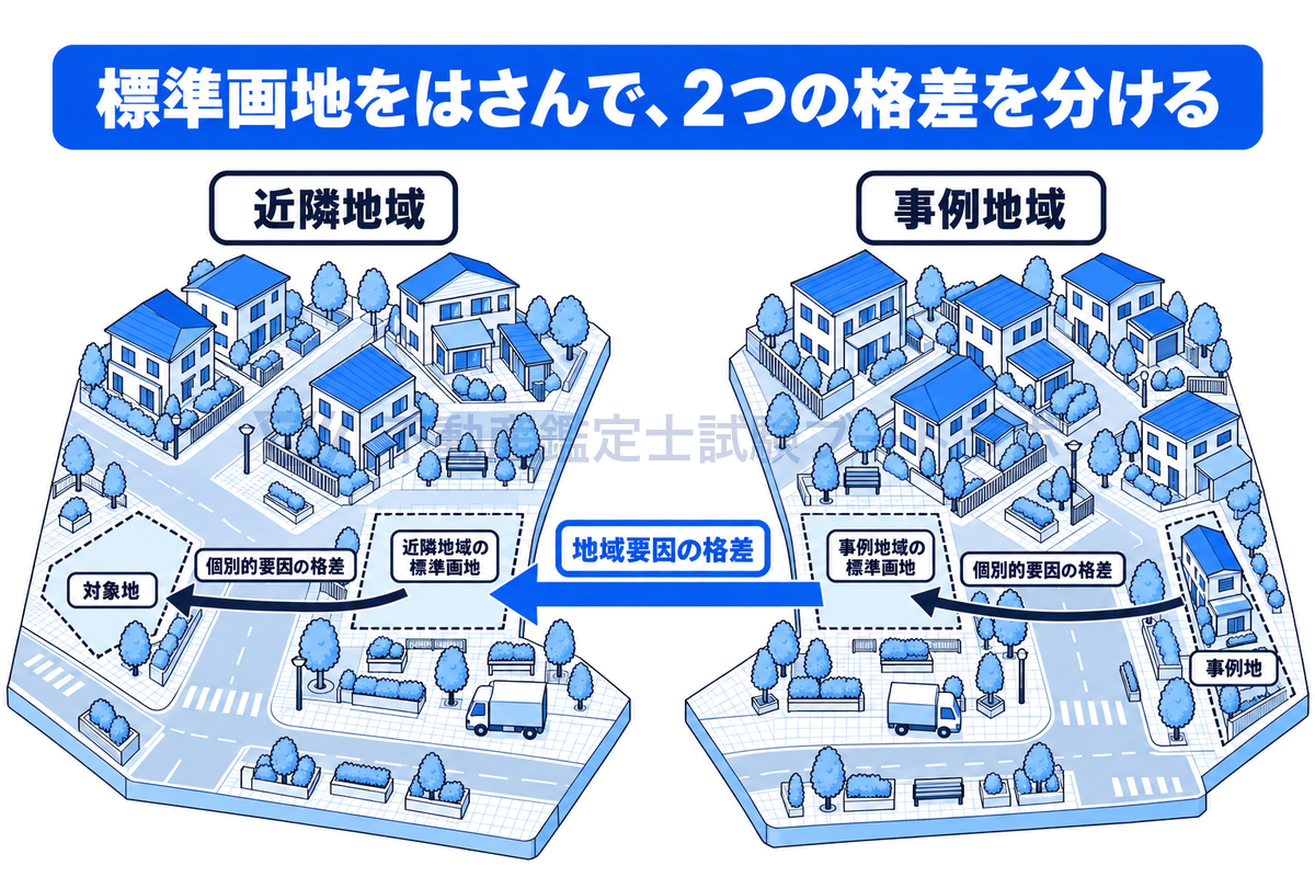 近隣地域と事例地域にそれぞれ標準画地を設定し、標準画地どうしで地域要因の格差を、各地域の中で標準画地と実際の土地との個別的要因の格差を比べることで、2種類の格差を混同せずに把握する方法を示した図。